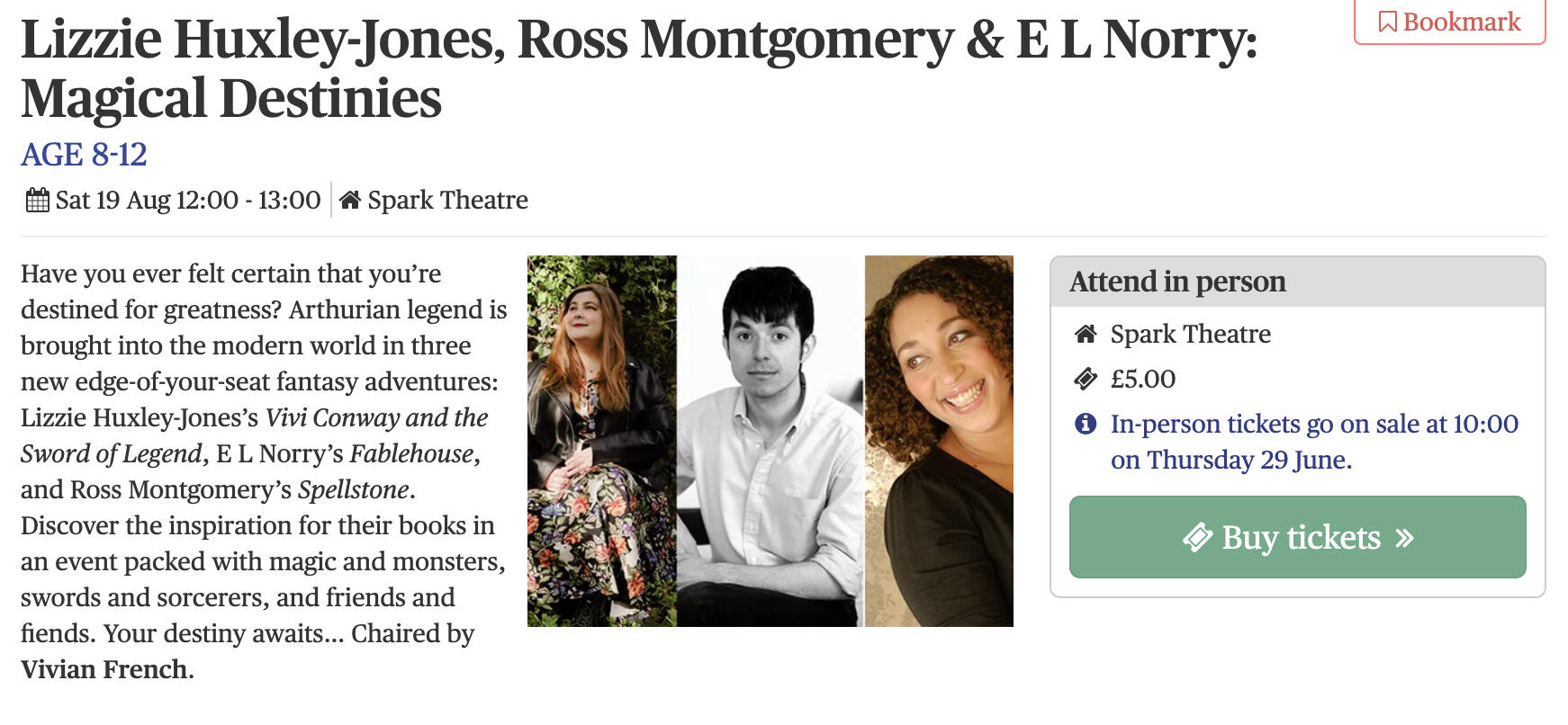 A screenshot of the Edinburgh Literary Festival website showing an event called Magical Destinies featuring Lizzie Huxley-Jones, E L Norry and Ross Mackenzie. The event is on the 19th of August from 12 to 1 pm at the Spark Theatre. Tickets cost £5 and will
